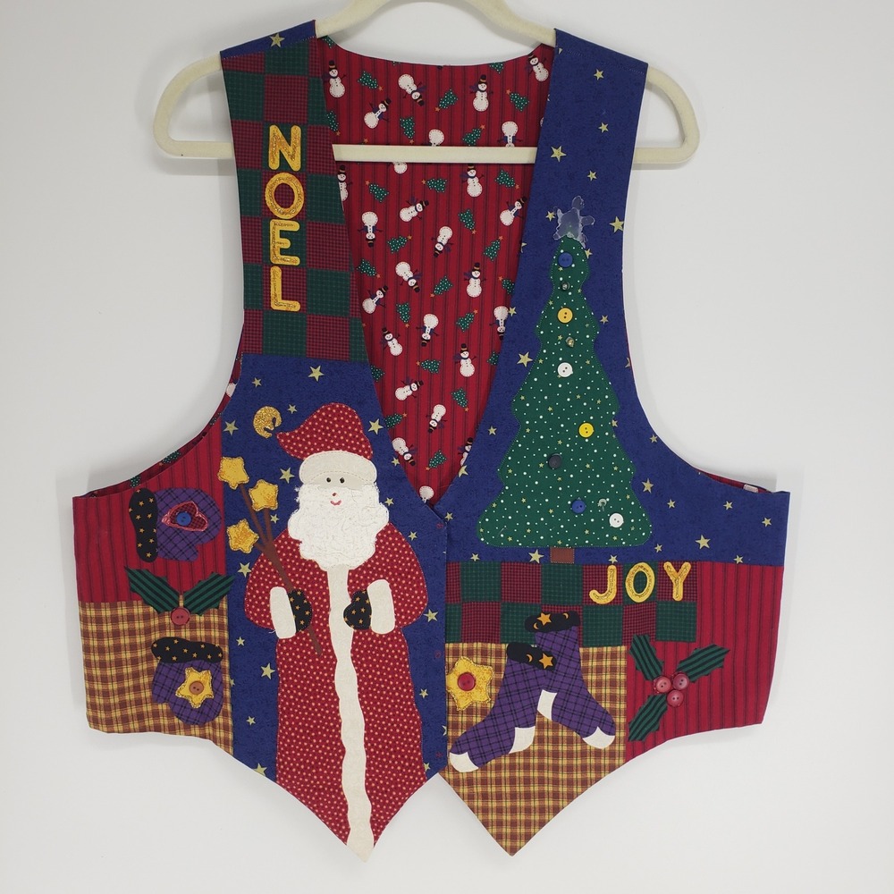 Vintage 90s Handmade Christmas Patchwork Quilted Vest Women XL Santa Snowman